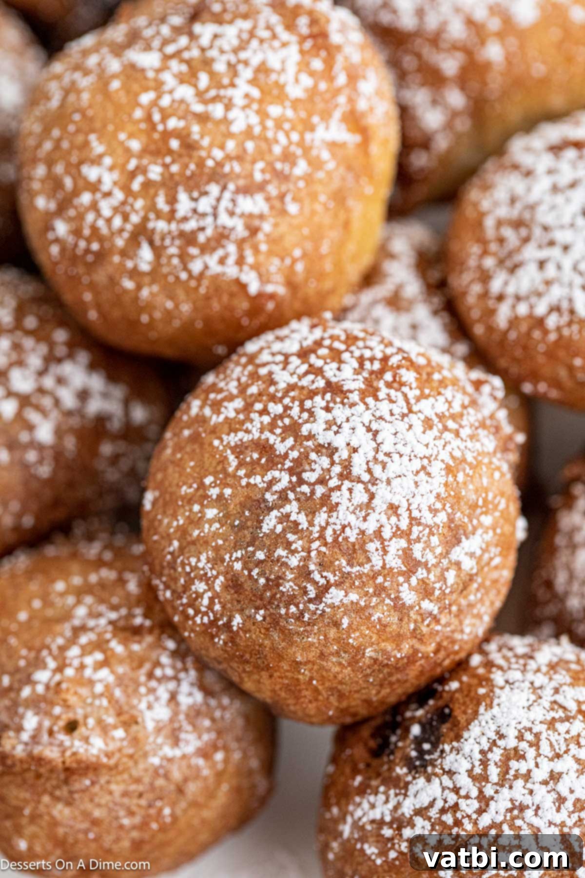Decadent Deep-Fried Brownies 10 A close-up of a plate of deep-fried brownie bites, each perfectly golden and generously dusted with powdered sugar, ready to be enjoyed.