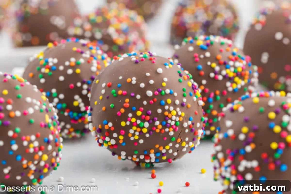 Colorful cake pops with sprinkles arranged in a festive display.