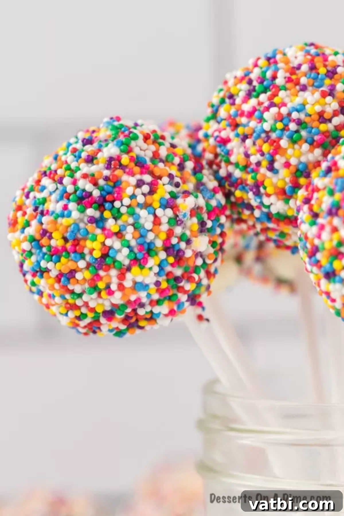 Cake pops with multi-colored sprinkles in a mason jar, presented beautifully.