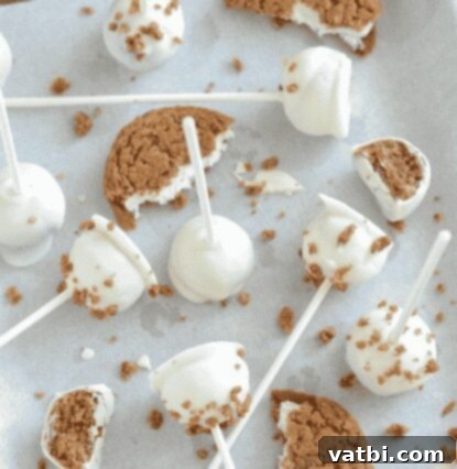 Bite Sized Cake Pop Delights 3 Oatmeal Cream Pie Cake Pops, coated in a white frosting with cookie crumbs.
