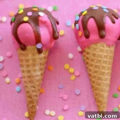 Bite Sized Cake Pop Delights 6 Cake Pop Ice Cream Cones with colorful scoops and sprinkles.