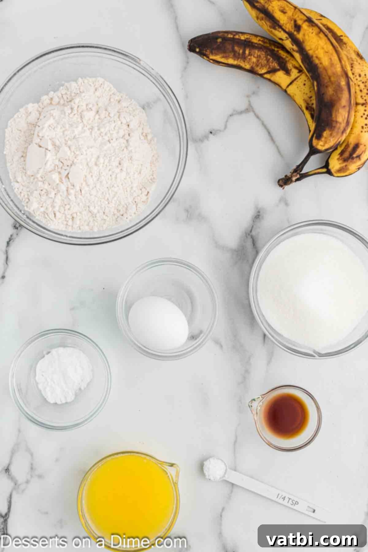Moist Air Fryer Banana Bread 3 Ingredients for banana bread- bananas, butter, eggs, sugar, flour, vanilla.
