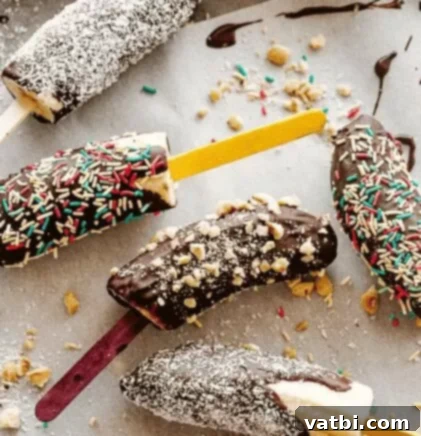 31 Sweet Texas Delights 4 A selection of chocolate-covered frozen bananas, some with sprinkles and nuts, on wooden sticks, ready to eat.