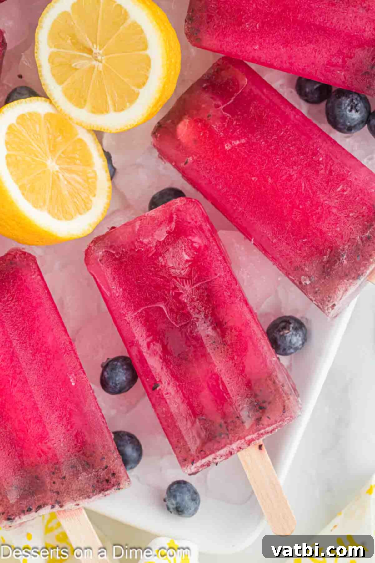 Frosted Lemon-Berry Bliss 2 Blueberry lemonade popsicles ready to enjoy.