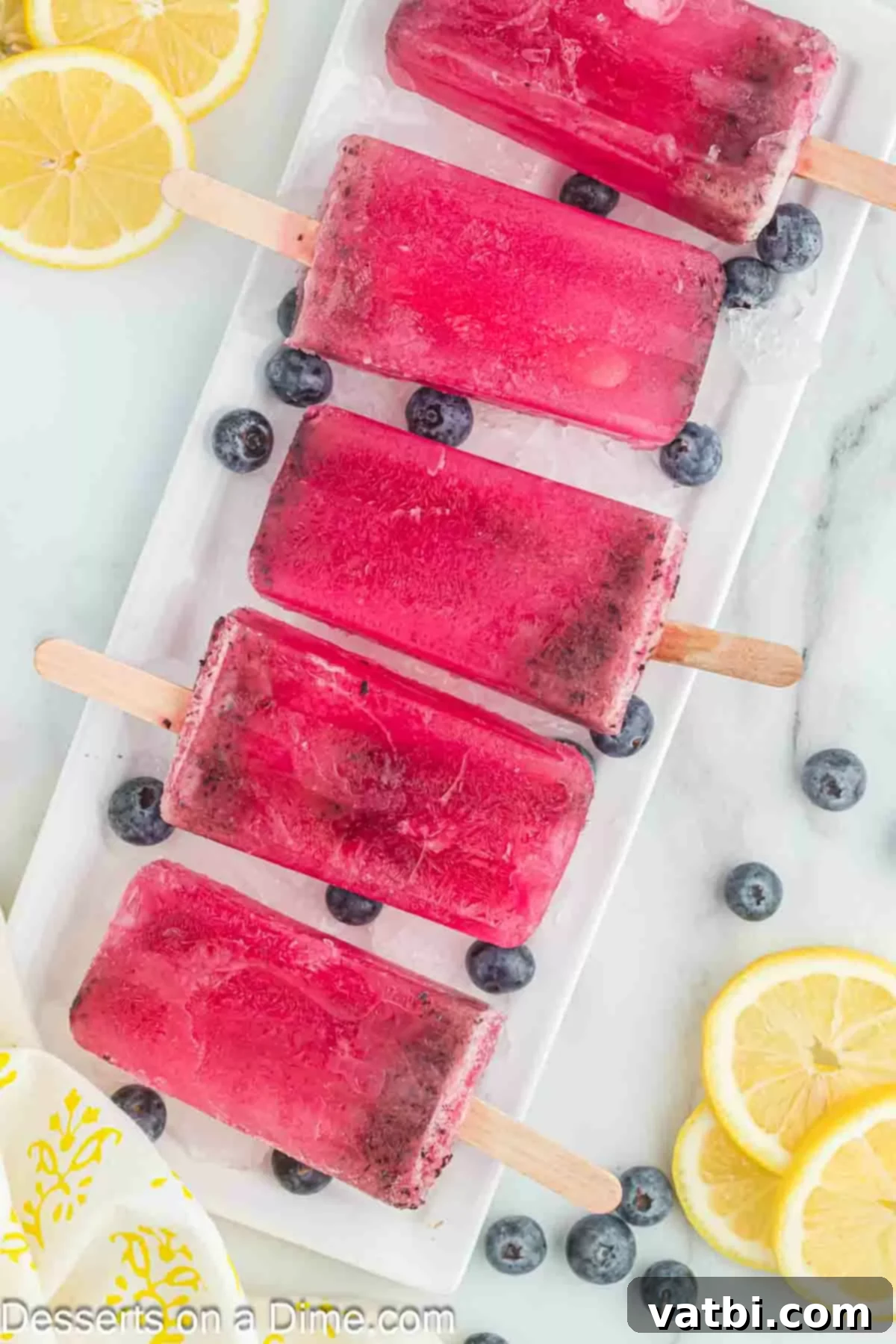 Frosted Lemon-Berry Bliss 8 Blueberry lemonade popsicles ready to enjoy.