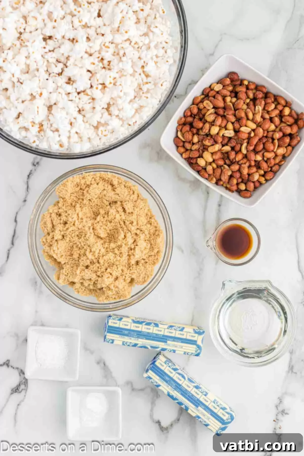 Homemade Cracker Jacks 3 Ingredients for Cracker jacks including popcorn, peanuts, brown sugar, baking soda, vanilla, butter, corn syrup, and salt.