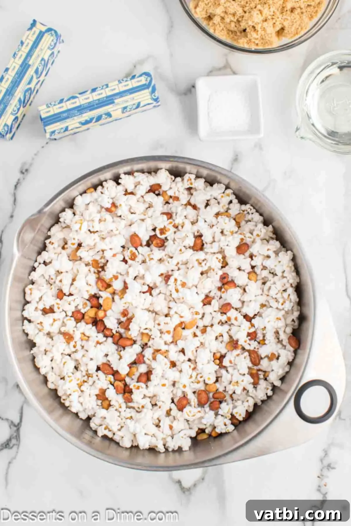 Homemade Cracker Jacks 4 Popcorn in a bowl with peanuts.
