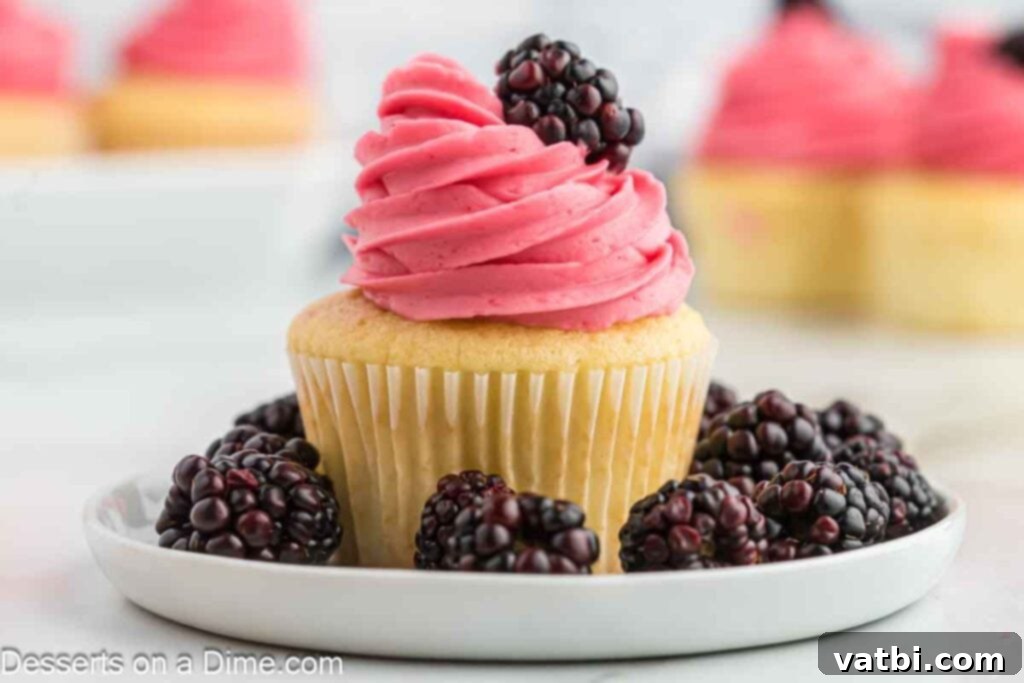 Luscious Blackberry Buttercream Frosting 2 Blackberry Buttercream Frosting on a cupcake surrounded with fresh blackberries.
