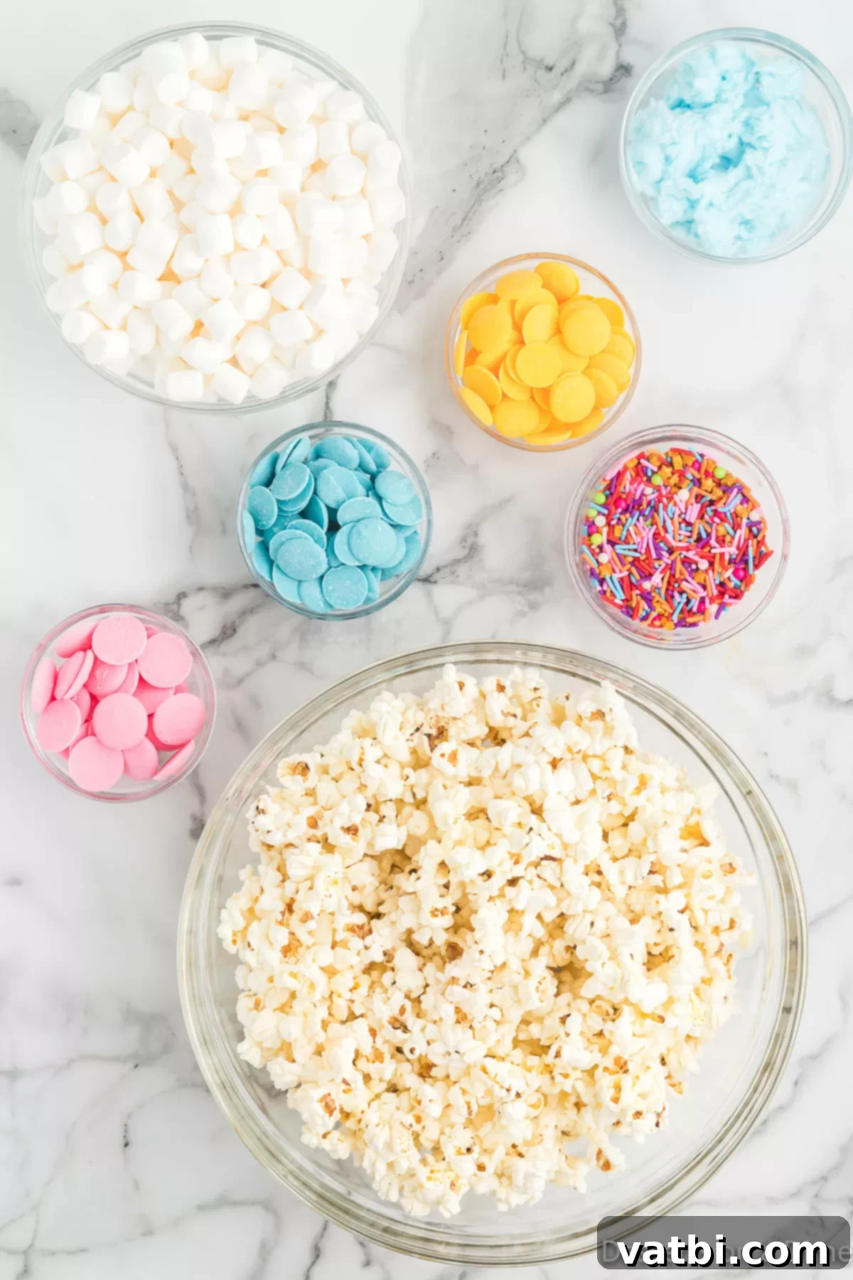 Cloud Nine Crunch 3 Ingredients for Cotton Candy popcorn- popcorn, mini marshmallows, sprinkles, cotton candy, candy melts.