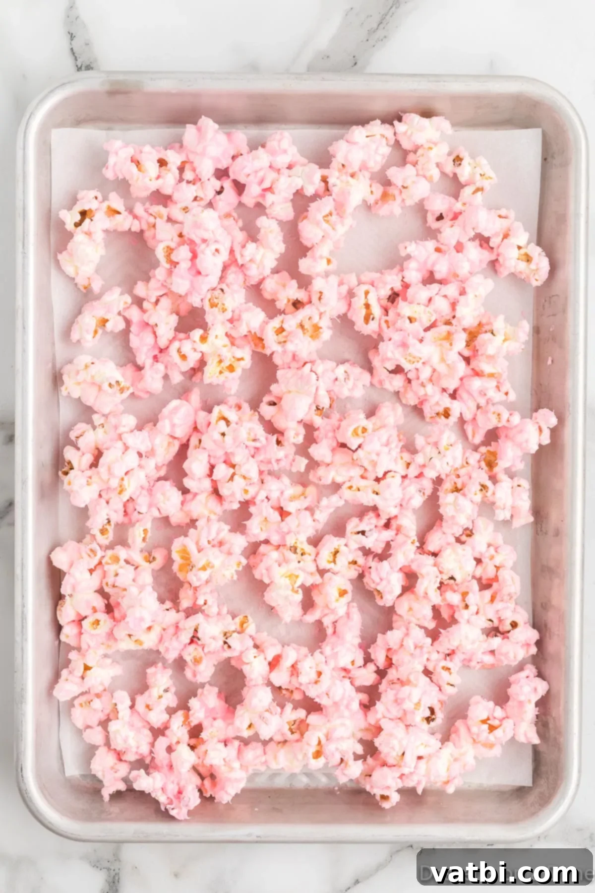 Cloud Nine Crunch 9 Pink popcorn on baking sheet.
