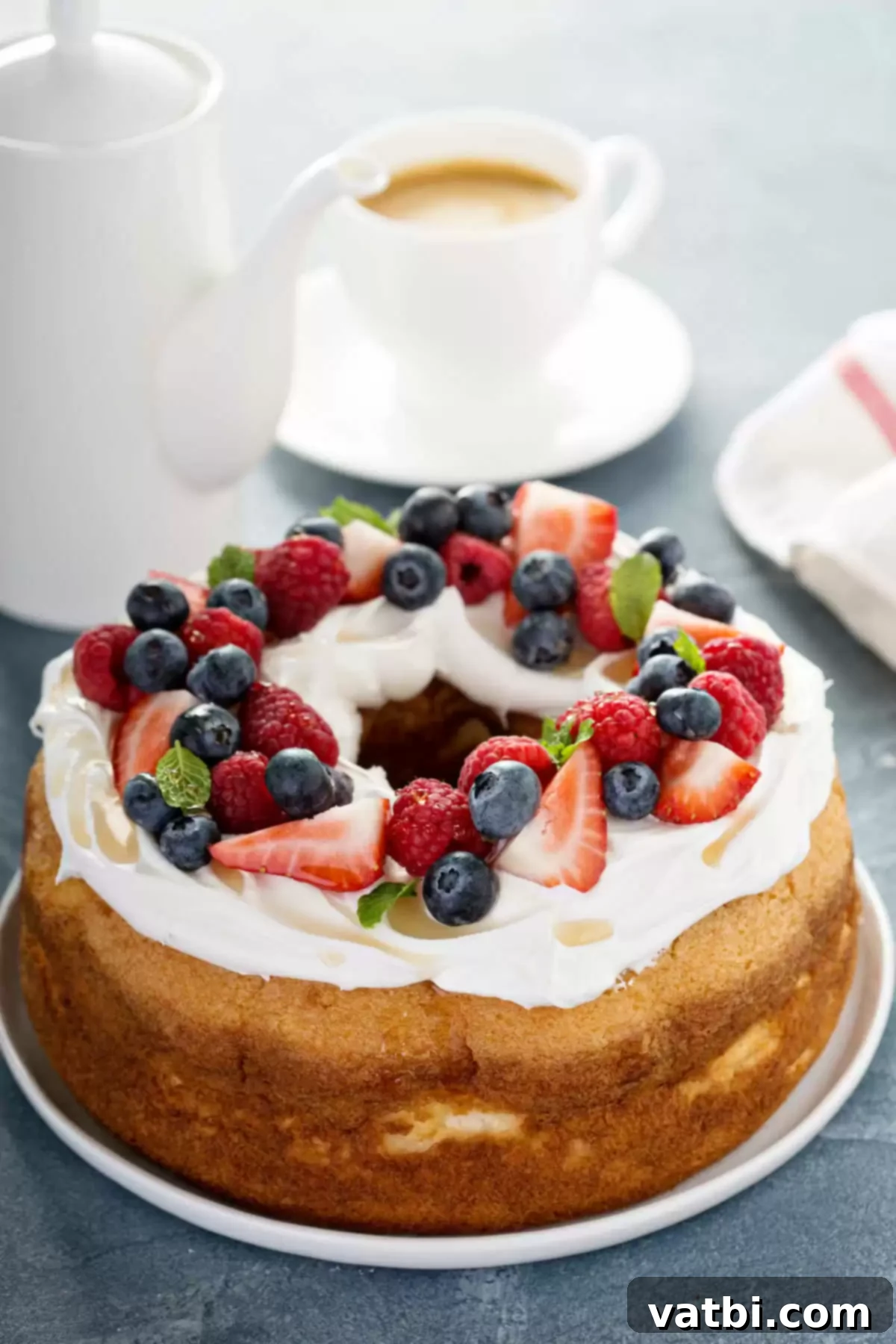 How to Freeze Angel Food Cake 2 Angel food cake on a platter with fresh fruit, ready to be enjoyed or frozen for later.