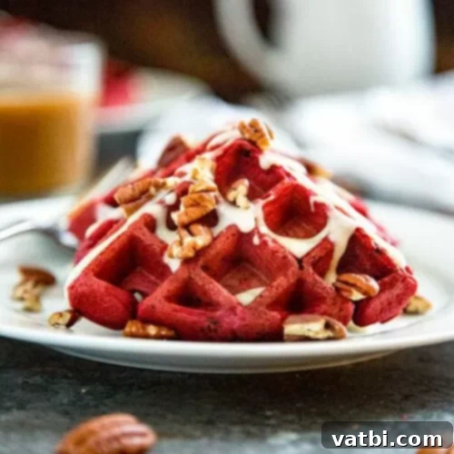 29 Decadent Red Velvet Desserts 4 Red Velvet Waffles with cream cheese glaze and pecans.