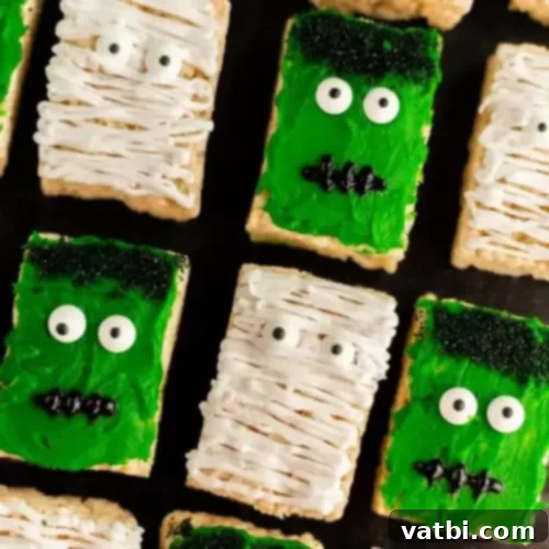 Mummies and Monsters Halloween Rice Krispy Treats decorated with various spooky designs.
