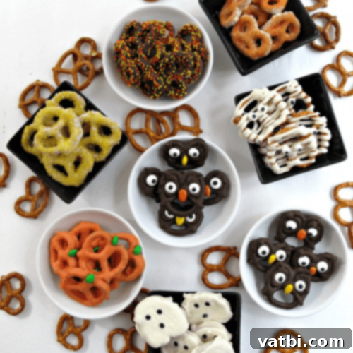 Halloween Pretzels decorated as mummies, pumpkins, and ghosts.