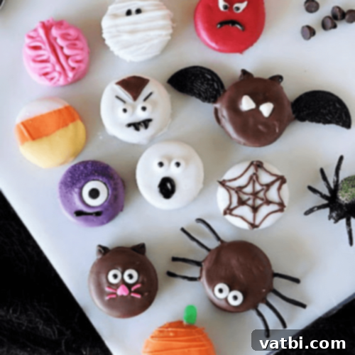 Halloween Peanut Butter Ritz Cookies with various spooky decorations.