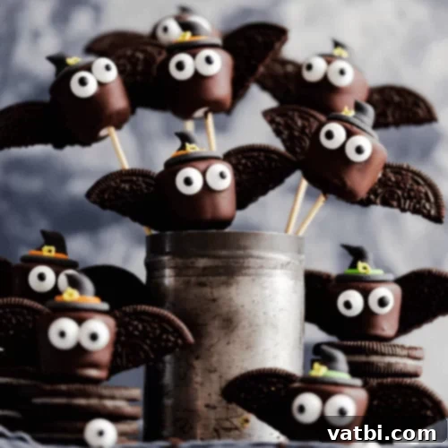 Chocolate Marshmallow Halloween Bats with Oreo wings and googly eyes.