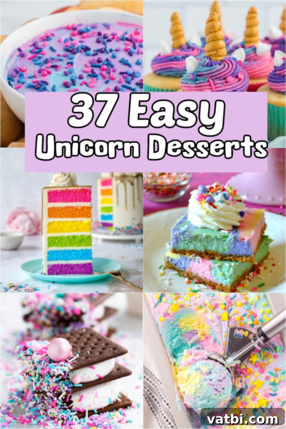 37 Magical Unicorn Desserts 2 A vibrant collection of 37 magical unicorn desserts including colorful fudge, ice cream, cakes, and more, perfect for a shimmering and sparkling unicorn party.
