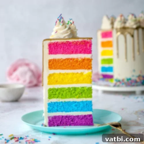 37 Magical Unicorn Desserts 9 Rainbow Cake with vibrant colored layers and buttercream frosting.