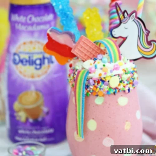 37 Magical Unicorn Desserts 20 Unicorn Milkshake with strawberry flavor, white chocolate, coconut, nuts, and many fun toppings.