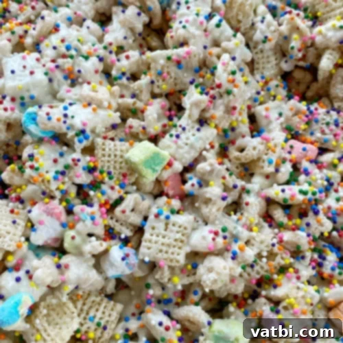 37 Magical Unicorn Desserts 23 Lucky Charms Rainbow Snack Mix with white chocolate chips, rainbow sprinkles, Lucky Charms, and rice chex cereal.
