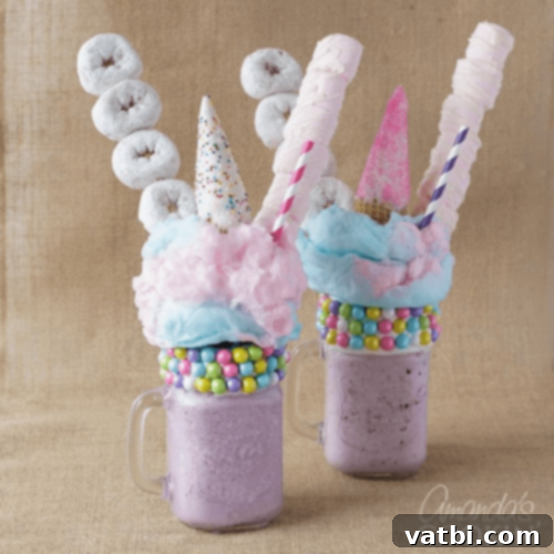 37 Magical Unicorn Desserts 28 Unicorn Freakshakes with strawberry blueberry milkshake, cotton candy, and mini donuts.