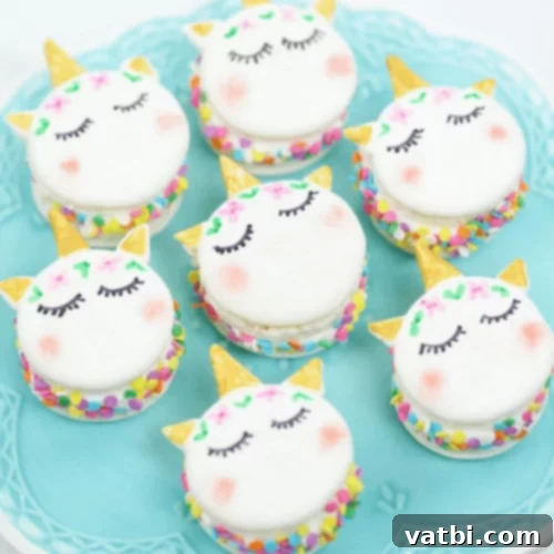 37 Magical Unicorn Desserts 3 Exquisite white unicorn macarons delicately decorated with unicorn faces.