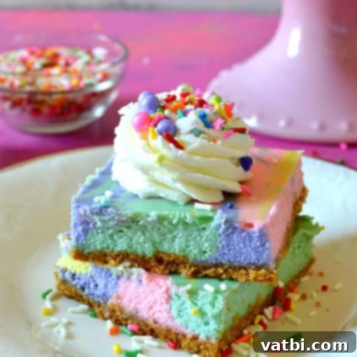 37 Magical Unicorn Desserts 4 No-Bake Rainbow Unicorn Cheesecake Bars, vibrant and colorful.