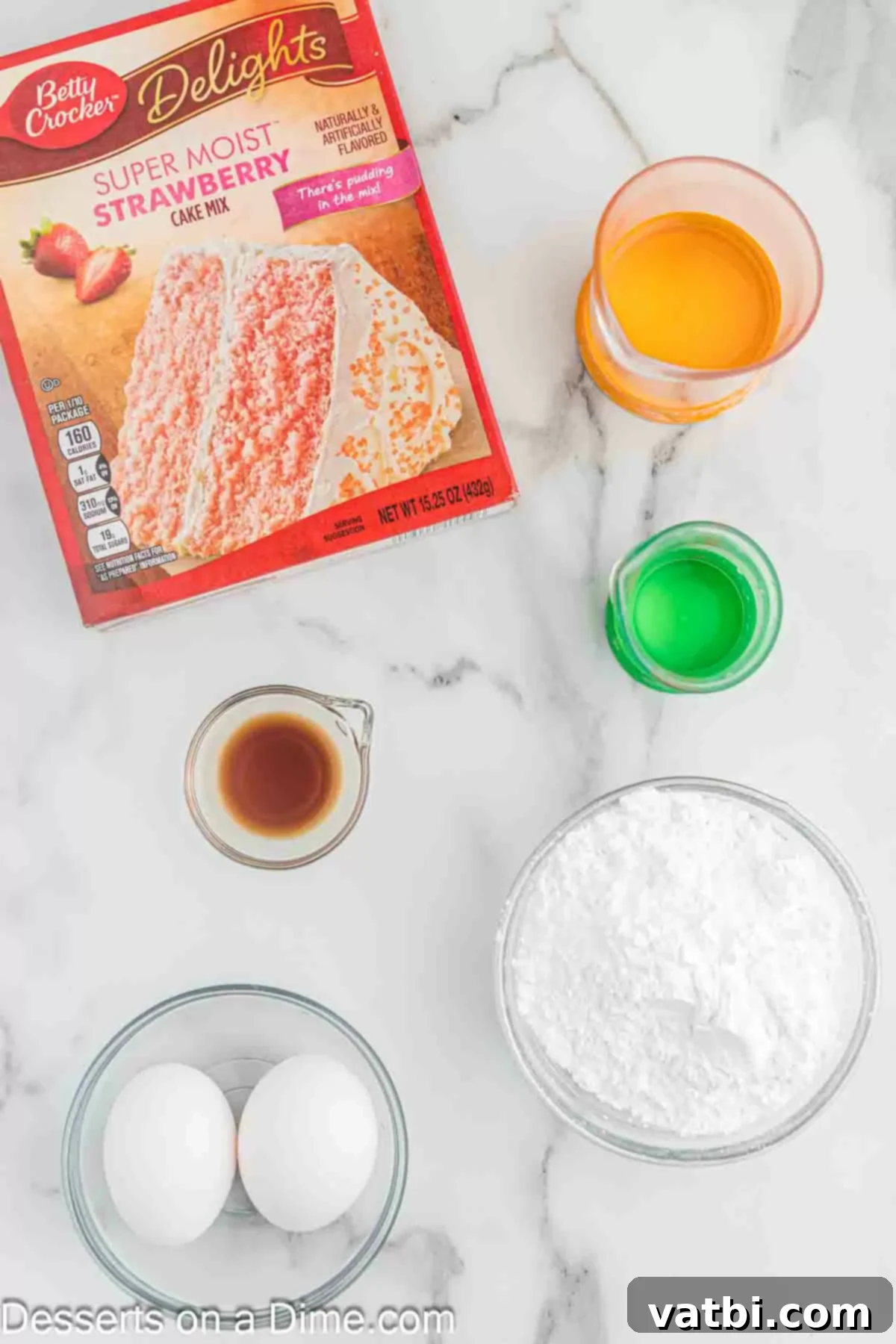 Strawberry Brownies 3 Ingredients for Strawberry brownies - strawberry cake mix, eggs, oil, powdered sugar, vanilla.
