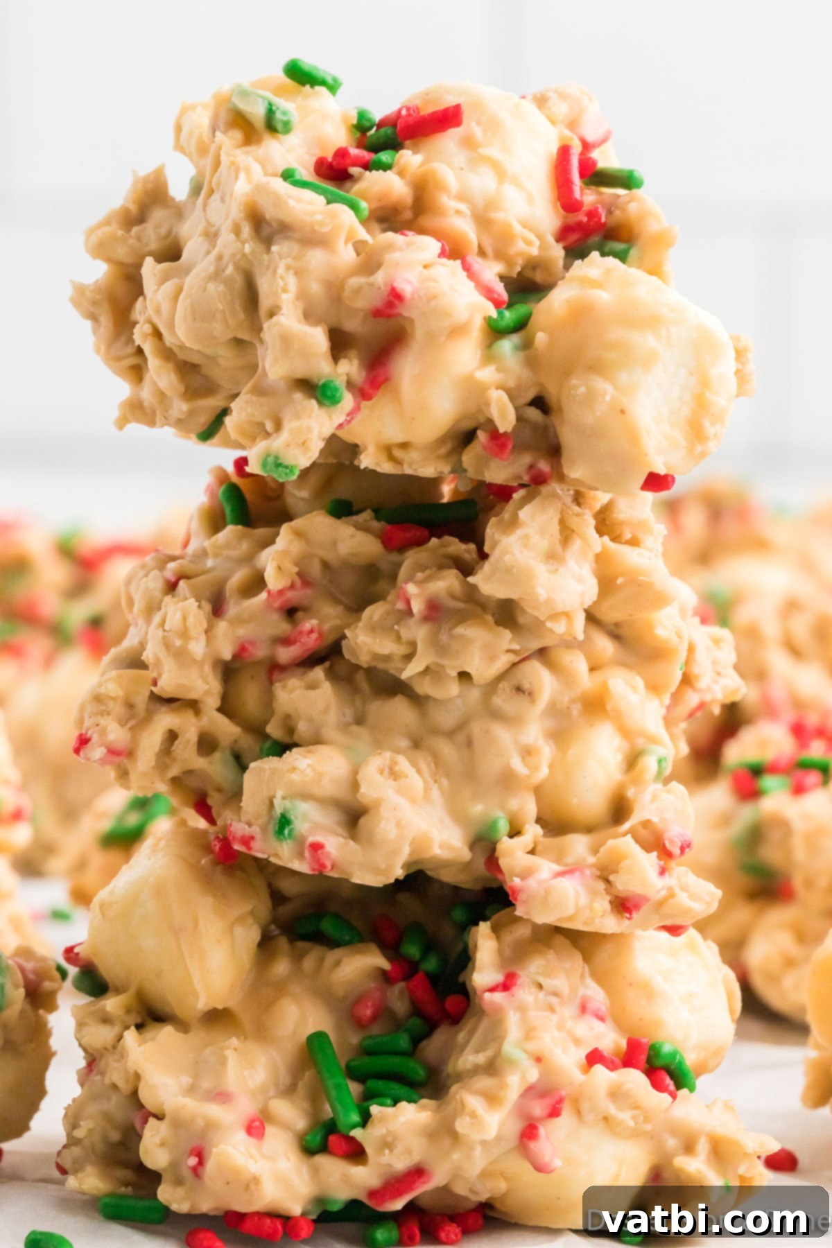 Christmas No Bake Cookies stacked together.