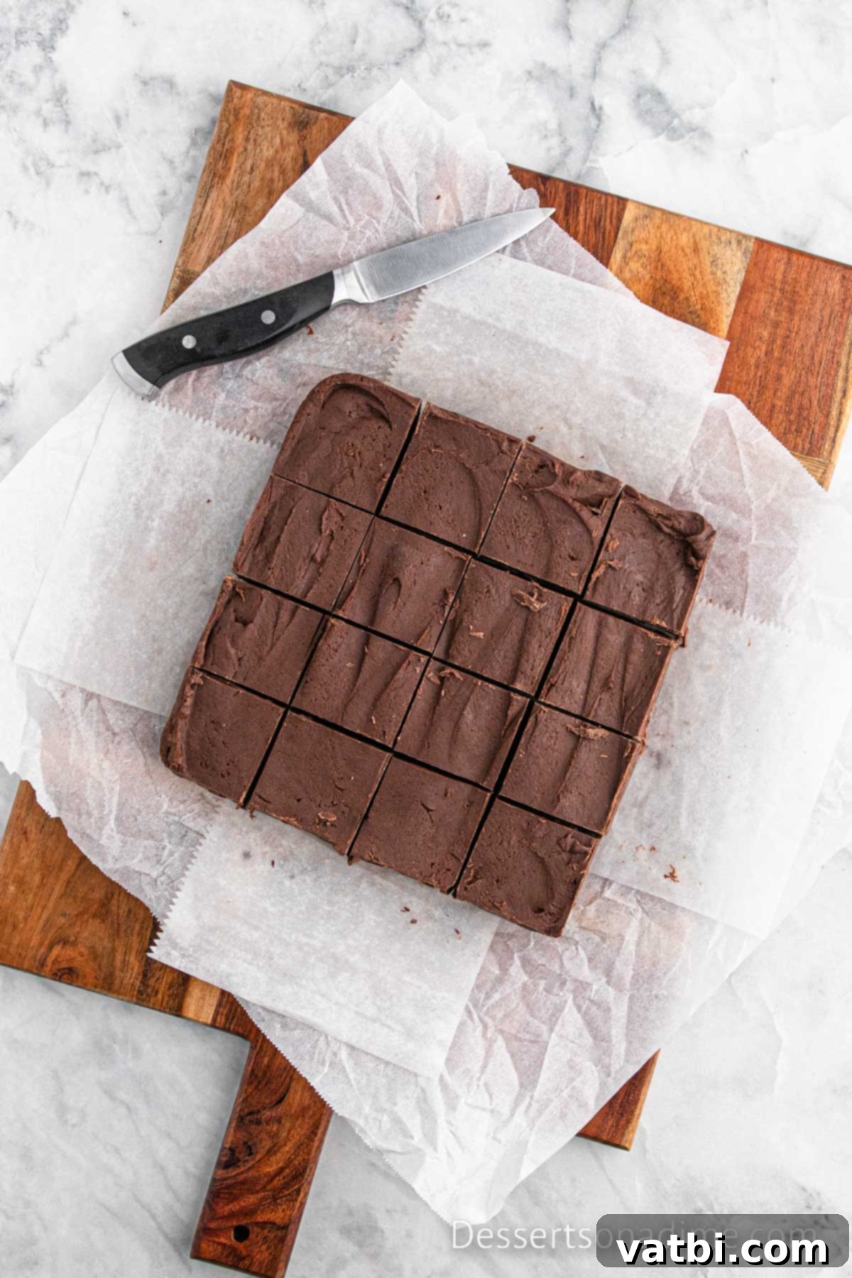 Fudge cut into neat squares, ready for serving.