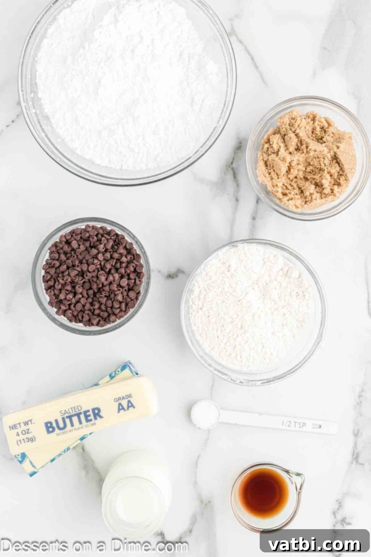 Irresistible Cookie Dough Frosting 3 Ingredients for Cookie dough buttercream. - butter, brown sugar, powdered sugar, all purpose flour, milk, mini chocolate chips.