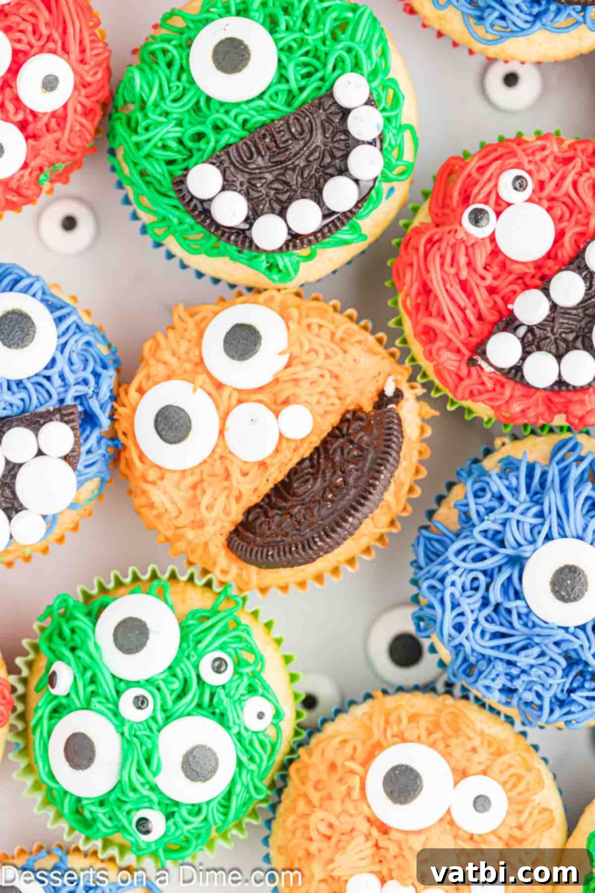 Monster Cupcakes decorated on the counter.