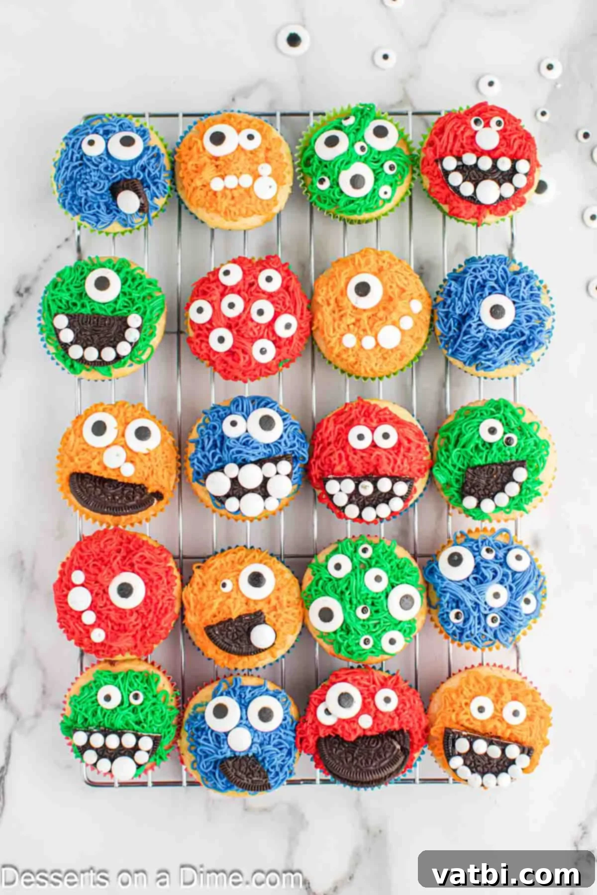 Cupcakes topped with candy eyes and cookies to make faces.