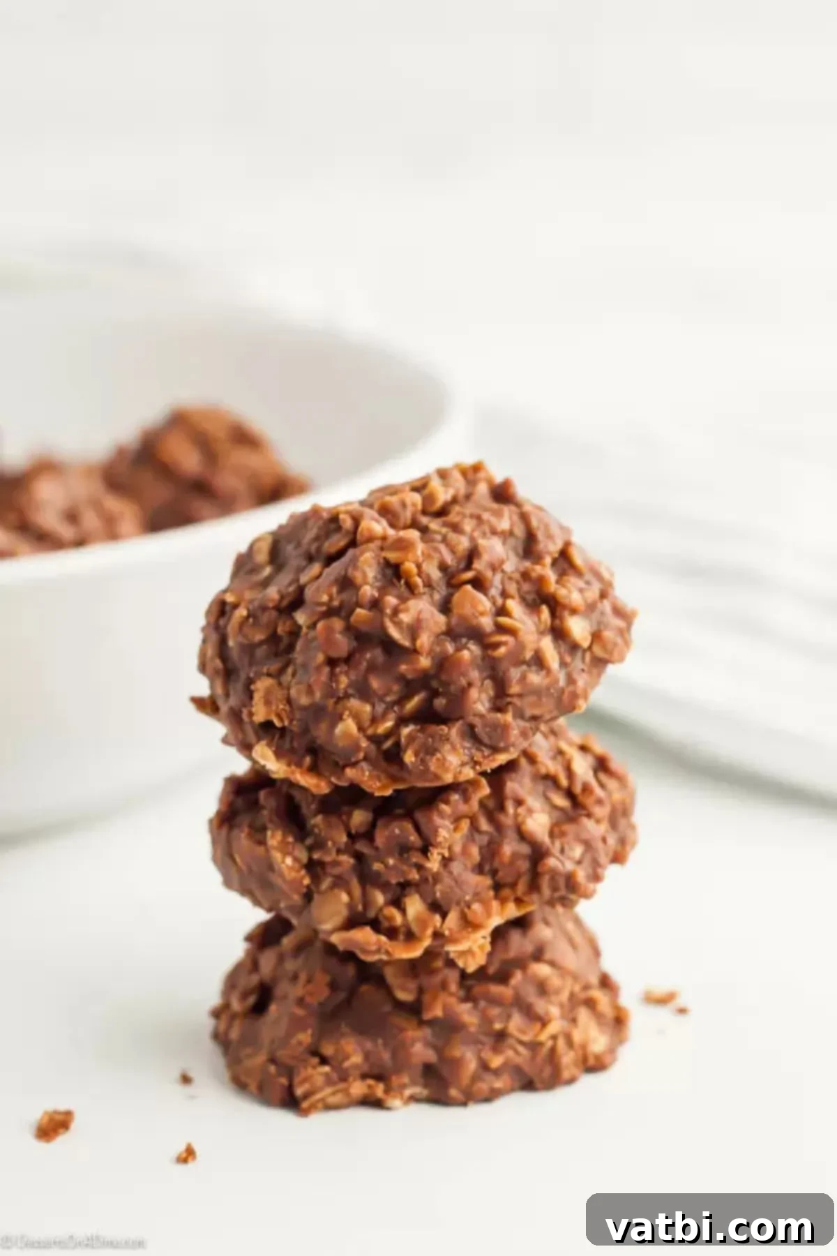 No Bake Cookies stacked together, indicating readiness for storage or serving.