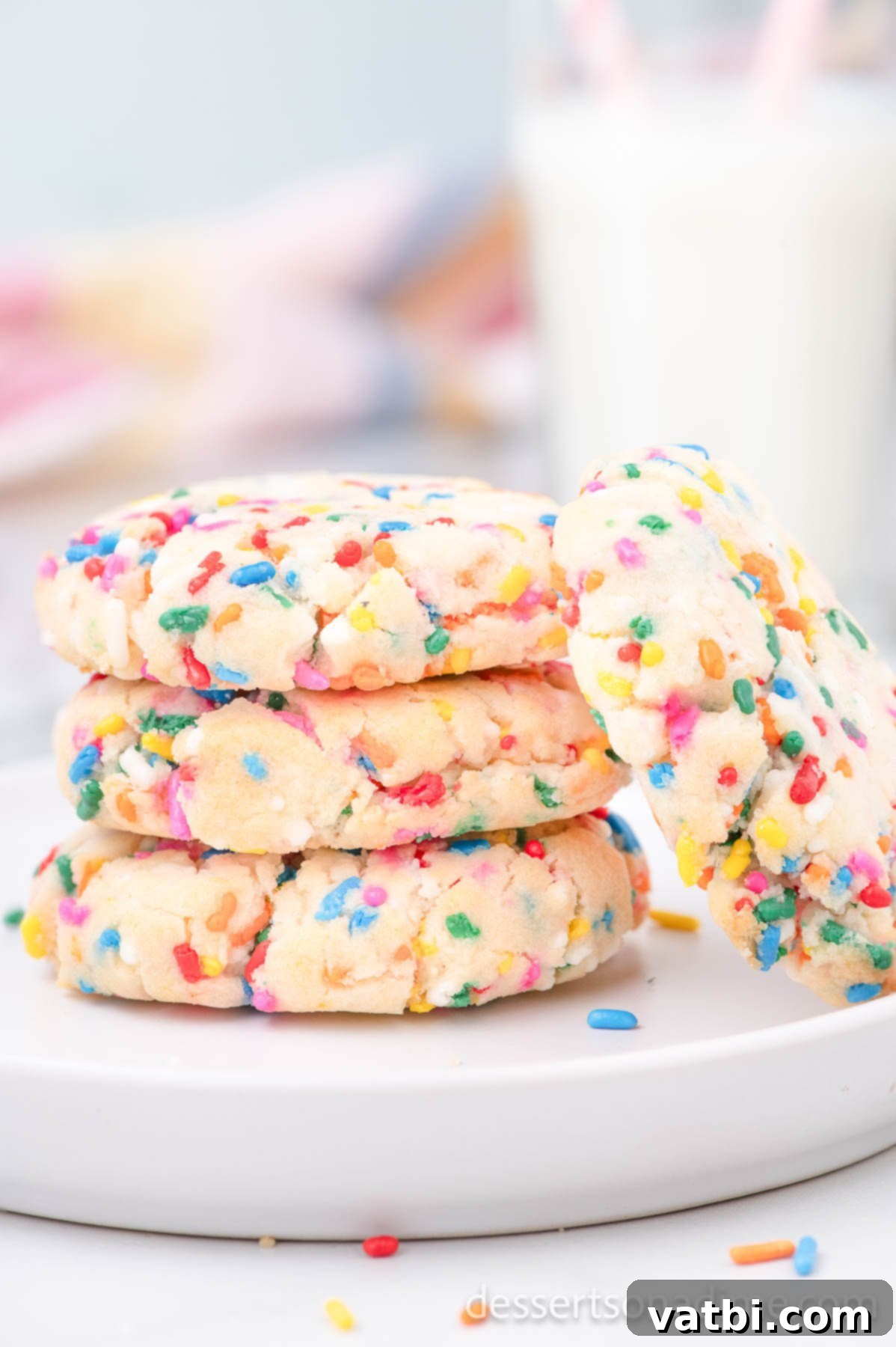 Funfetti Cake Mix Cookies take minutes to make and you only need 3 ingredients. These cookies are fun to make and are perfectly chewy. These easy cookies are one of my favorite recipes. Learn how to make Funfetti cake mix cookies here! #dessertsonadime #cakemixcookies #funfetti Stack of cookies on a platter.