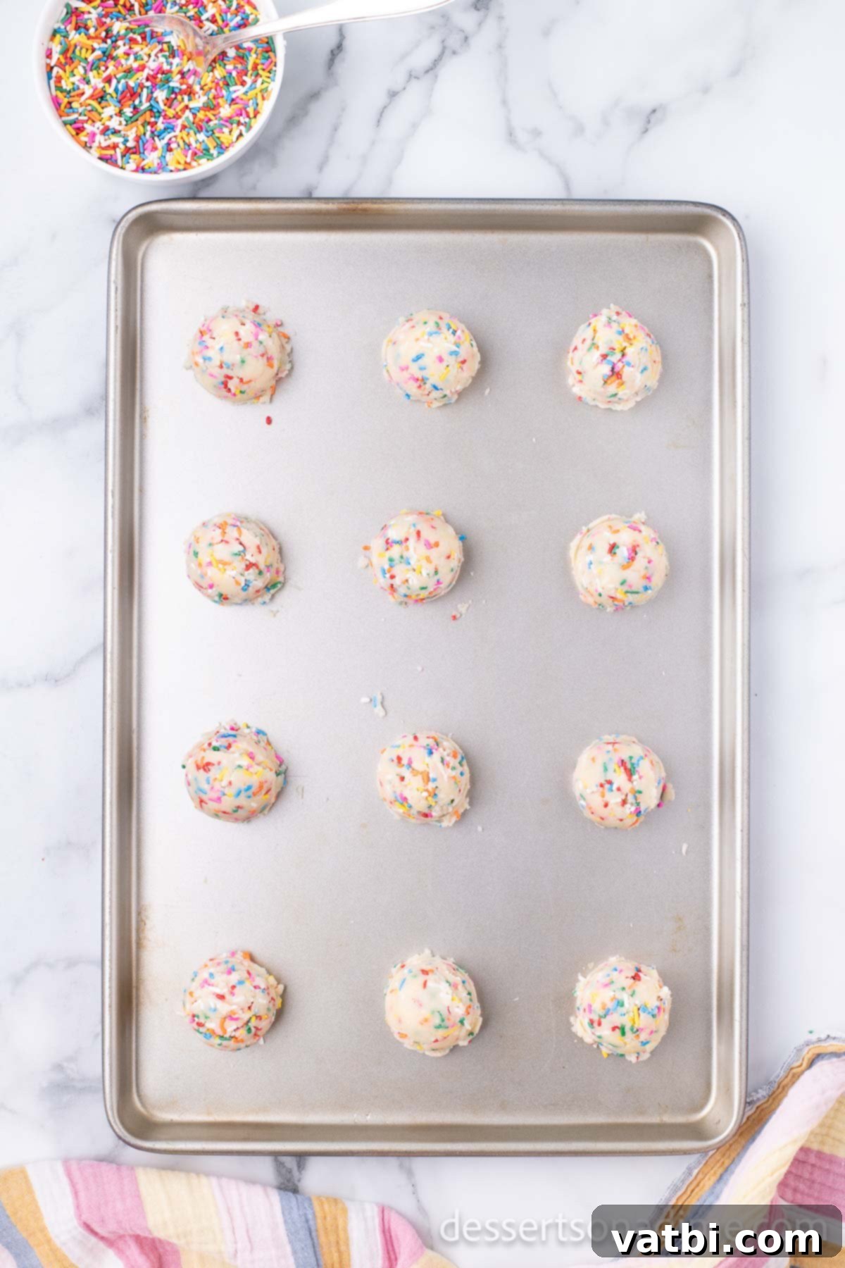 Easy Funfetti Cake Mix Cookies 5 Cookie dough on baking sheet.