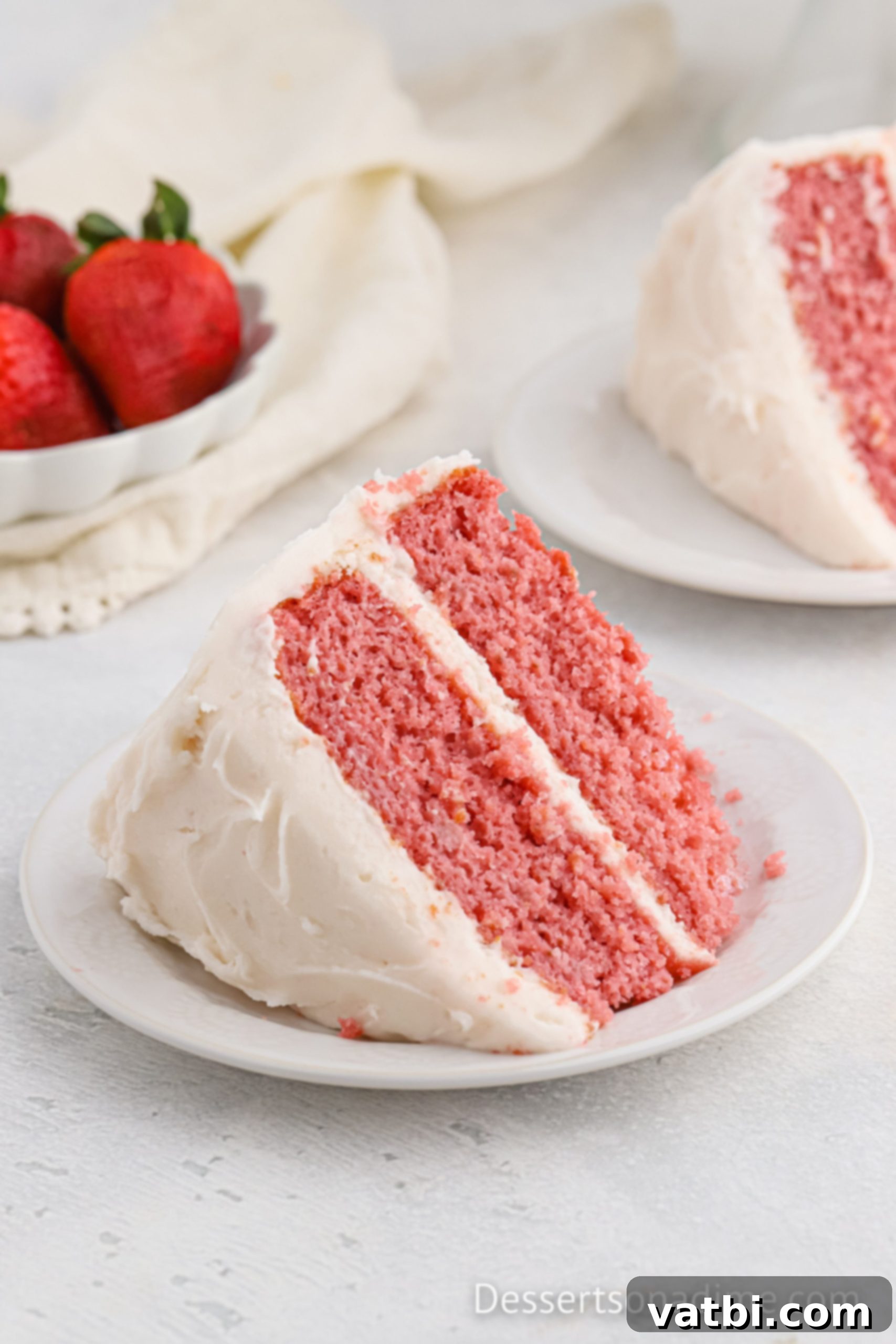 Slice of strawberry cake on plate. 