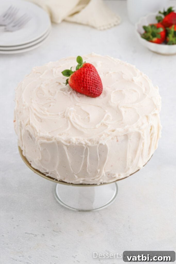 Cake topped with frosting and in between layers. 
