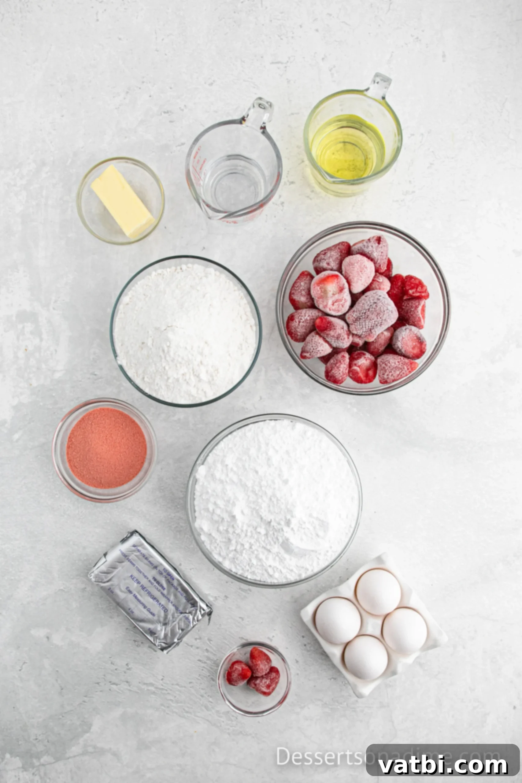 Ingredients for recipe- butter, oil, strawberries, powdered sugar, gelatin, cream cheese, eggs. 