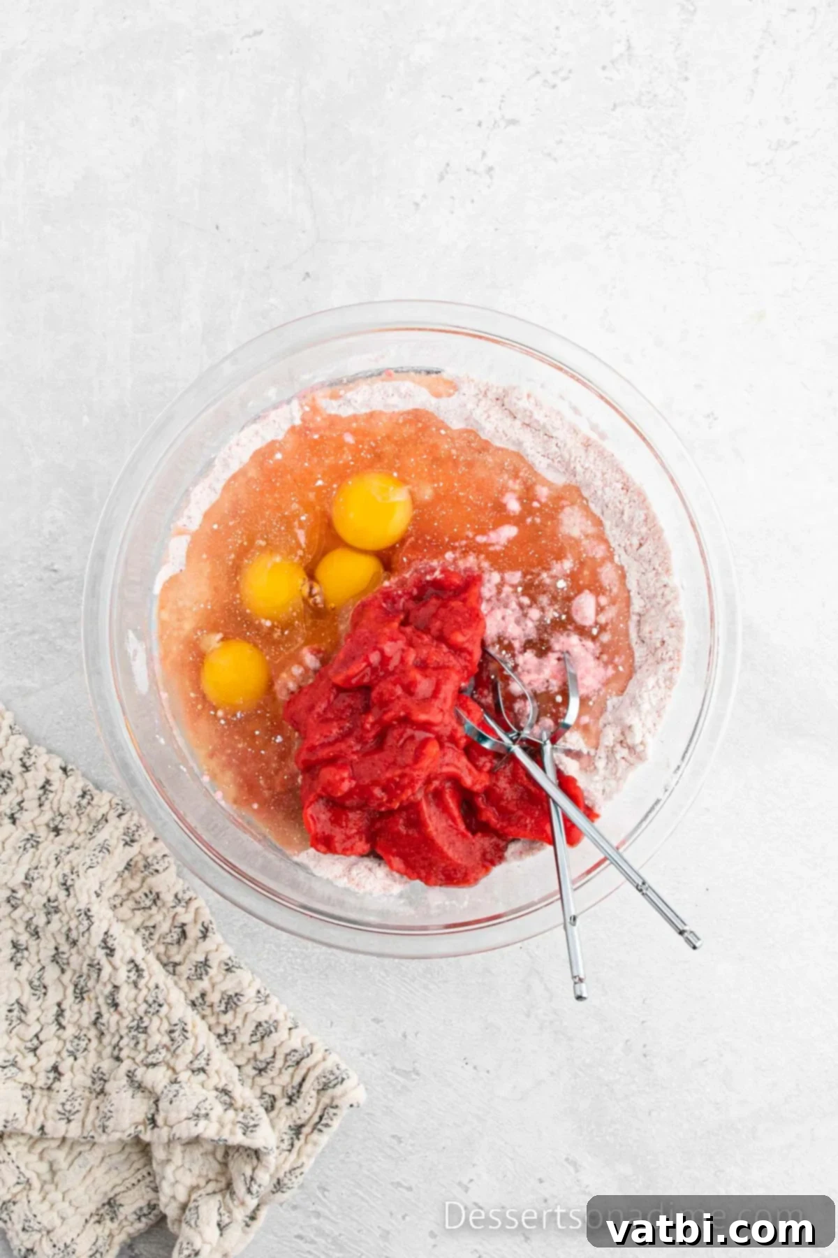 Mixing bowl with eggs and puree added until combined. 