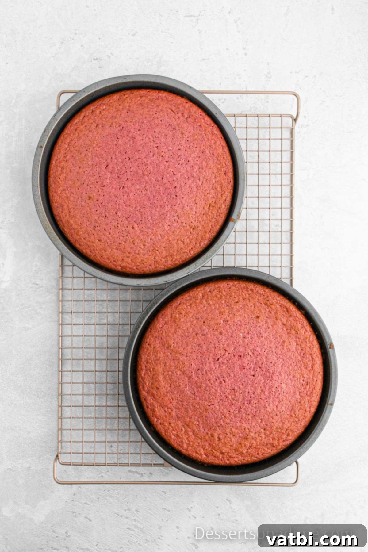 Cakes in round pans on wire rack. 