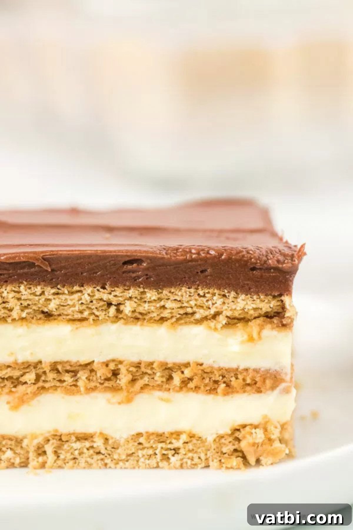 Eclair cake is an easy no bake treat with delicious layers of pudding, chocolate and graham crackers! This can be assembled in minutes for a dessert that is simple and decadent. Eclair Cake No Bake recipe is one of the best easy desserts. Anyone can make this eclair cake no bake recipe. Try eclair cake recipe today. #dessertonadime #eclaircake Close up image of slice of eclair cake on a white plate.