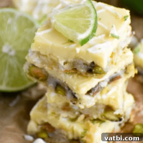 67 Zesty Lime Desserts 16 White Chocolate Key Lime Bars with a crunchy pistachio, coconut, and white chocolate cookie crust.