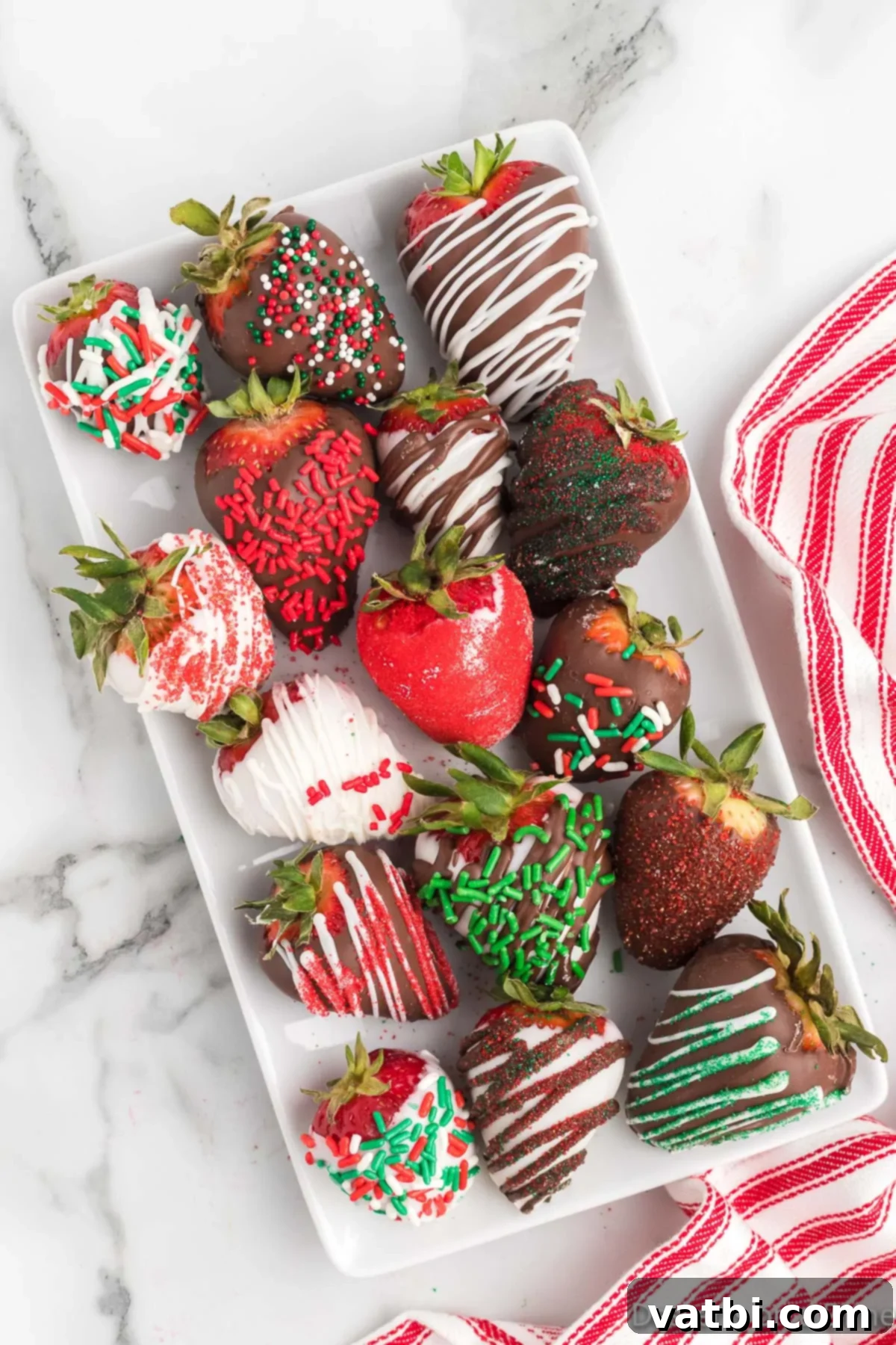 Festive Chocolate Dipped Strawberries 2 Christmas Chocolate Covered Strawberries on a white platter, beautifully decorated with red and green sprinkles.