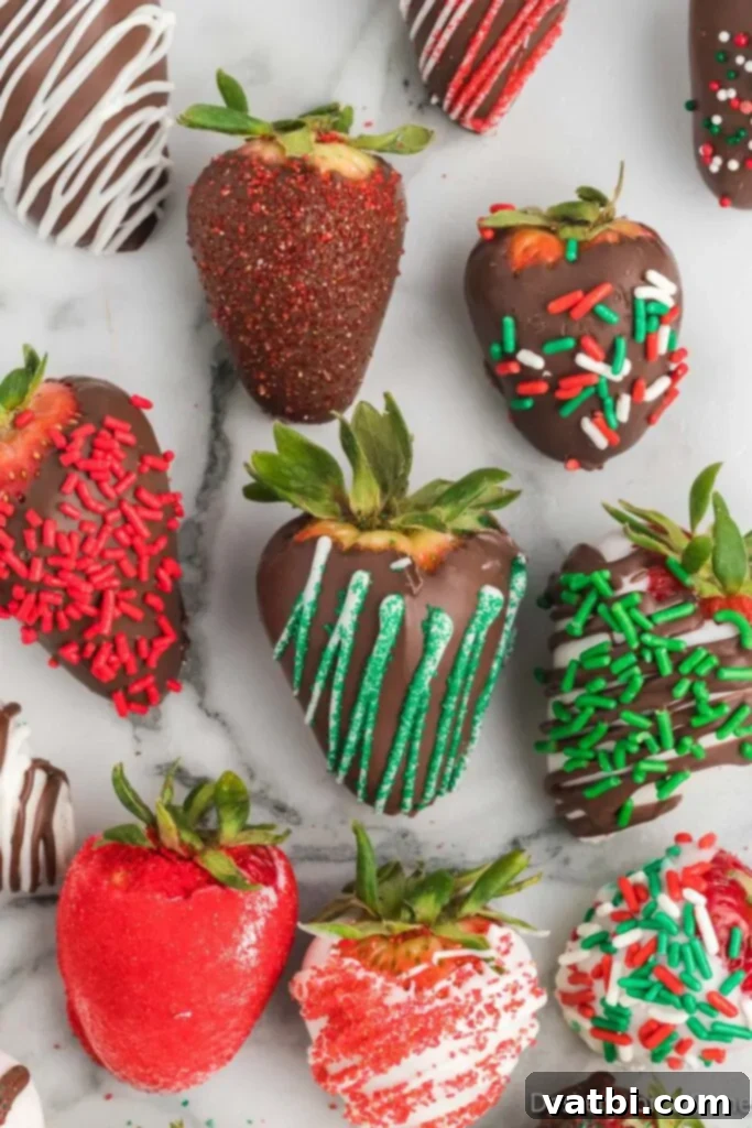 Festive Chocolate Dipped Strawberries 7 A platter filled with finished Christmas Chocolate Covered Strawberries, ready to be served.