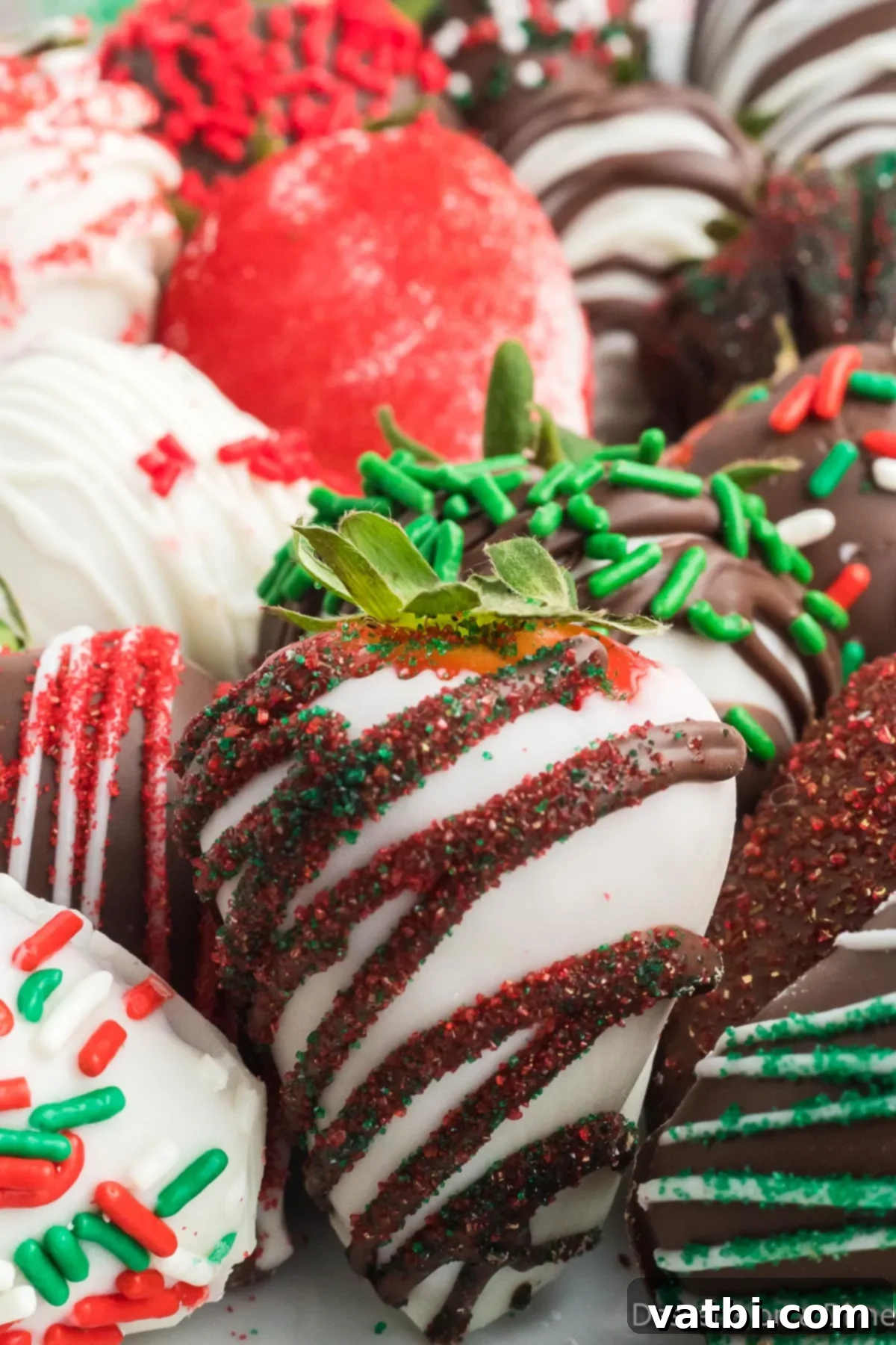 Festive Chocolate Dipped Strawberries 8 A close-up view of a Christmas Chocolate Covered Strawberry, showing the detail of the sprinkles and the smooth chocolate coating.