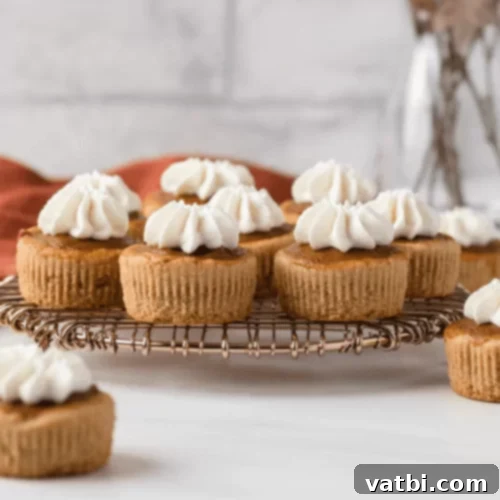 Thanksgiving Dessert Perfection: 35 Gluten-Free Pies 25 Delightful Gluten-Free Mini Pumpkin Pies, beautifully arranged on a stand, each topped with a swirl of whipped cream.