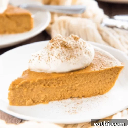 Thanksgiving Dessert Perfection: 35 Gluten-Free Pies 32 A smooth slice of gluten-free crustless pumpkin pie, perfectly creamy and inviting, served on a white plate.