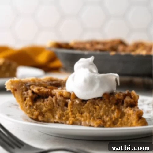 Thanksgiving Pie Perfection: 35 Gluten-Free Recipes 4 Slice of pumpkin pecan pie on a plate.