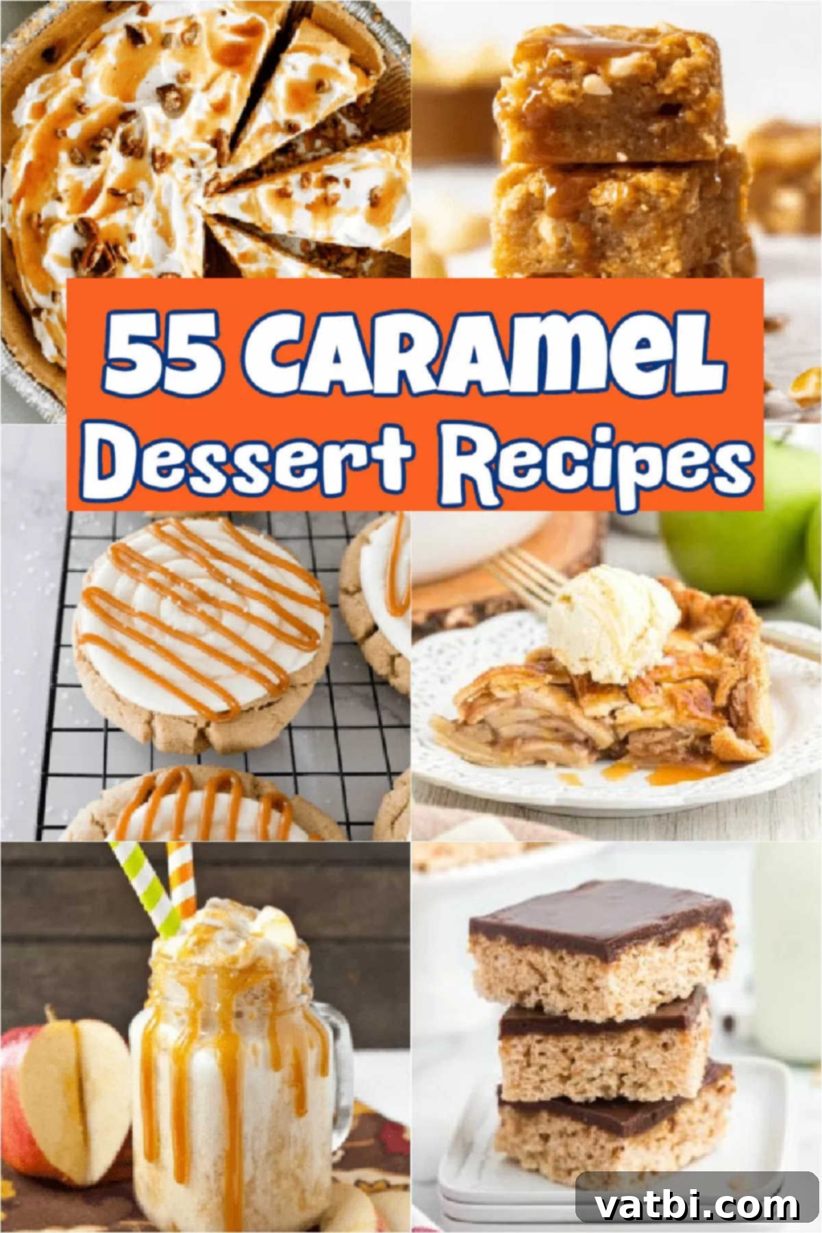 An assortment of delicious caramel desserts, including salted caramel, chocolate, and apple creations, perfect for any sweet craving.